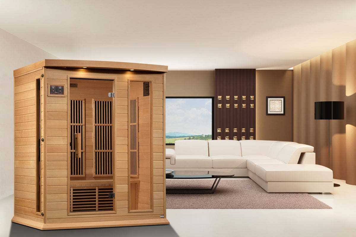 Maxxus 3-Person Low EMF FAR Infrared Sauna in a home setting