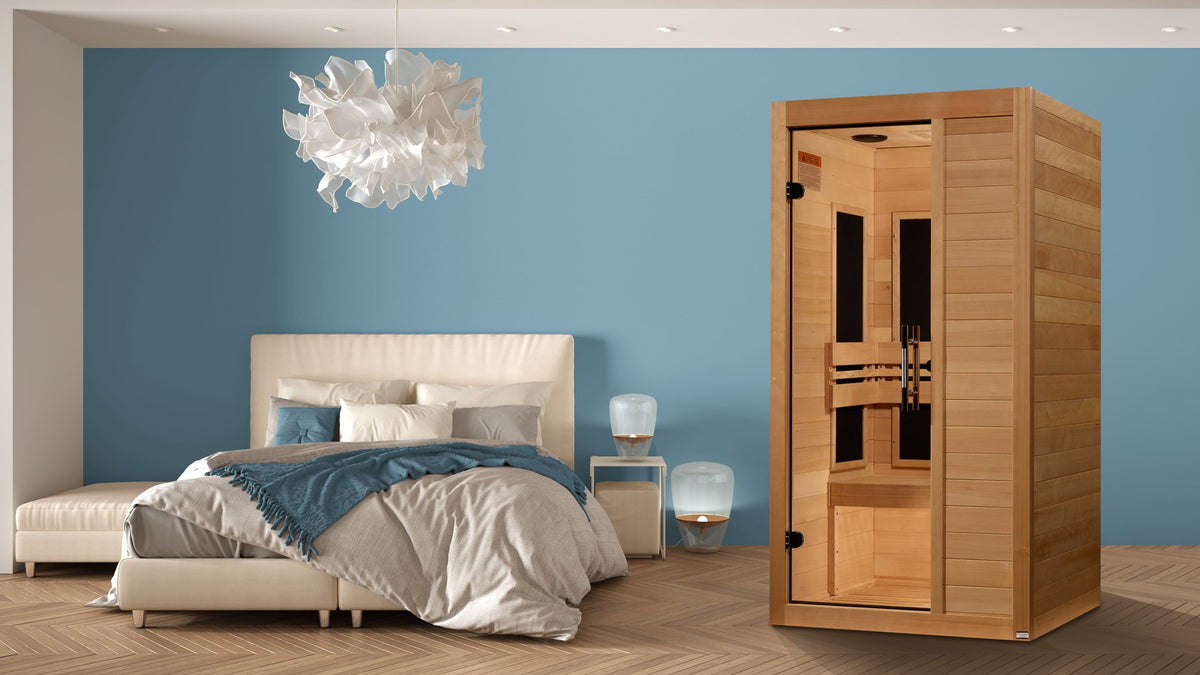 Maxxus S-Line Yoga 1-Person Ultra Low EMF FAR Infrared Sauna in a living space