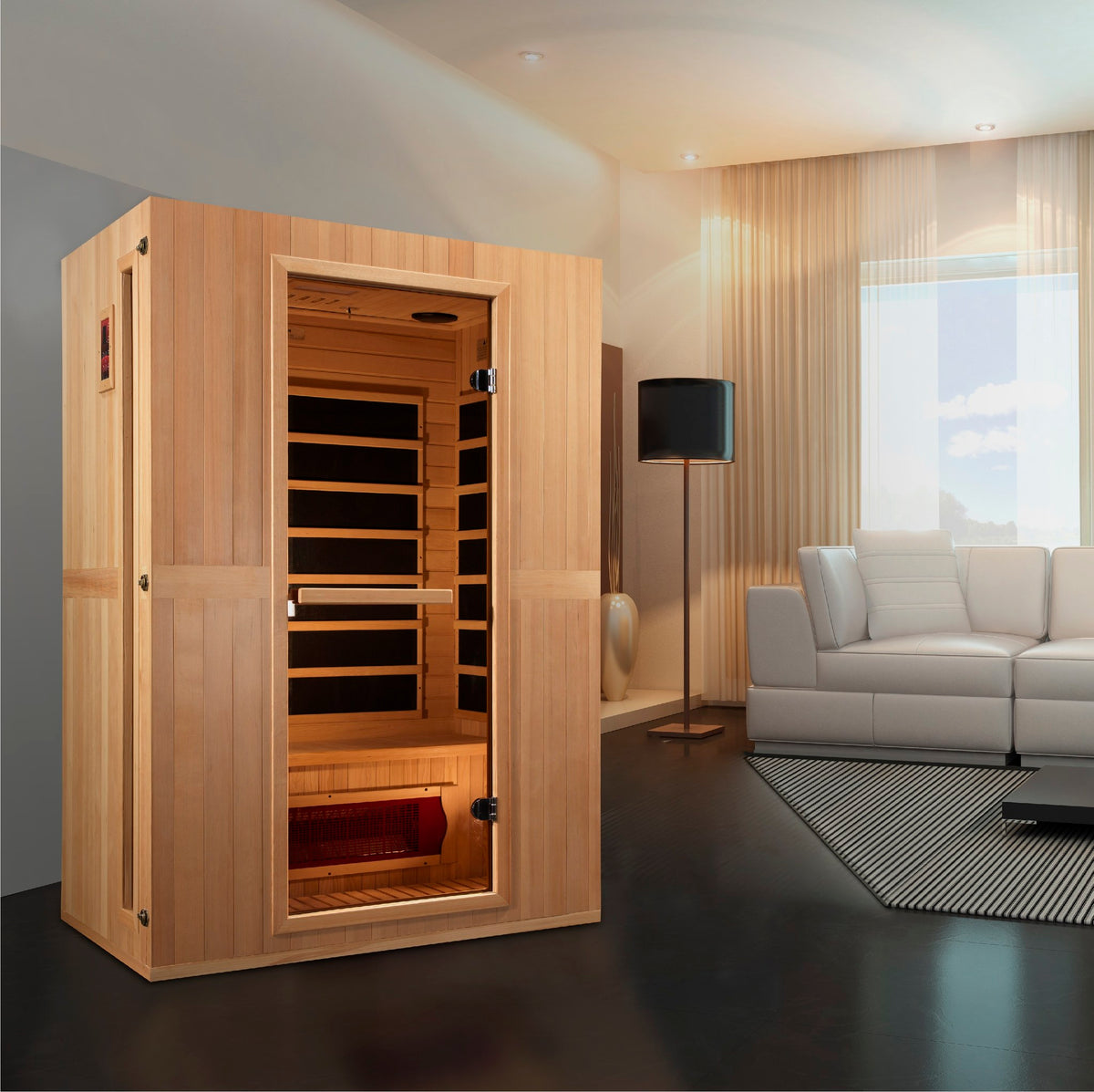 Maxxus Serenity 2-Person Low EMF FAR Infrared Sauna in a home setting