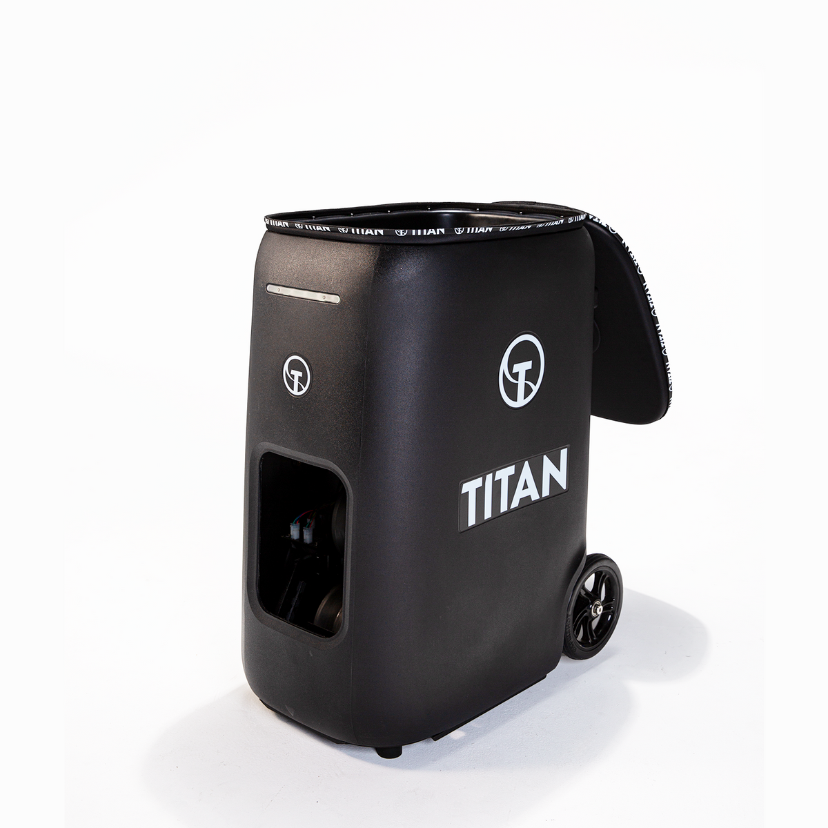 Titan ONE tennis ball machine with the lid open